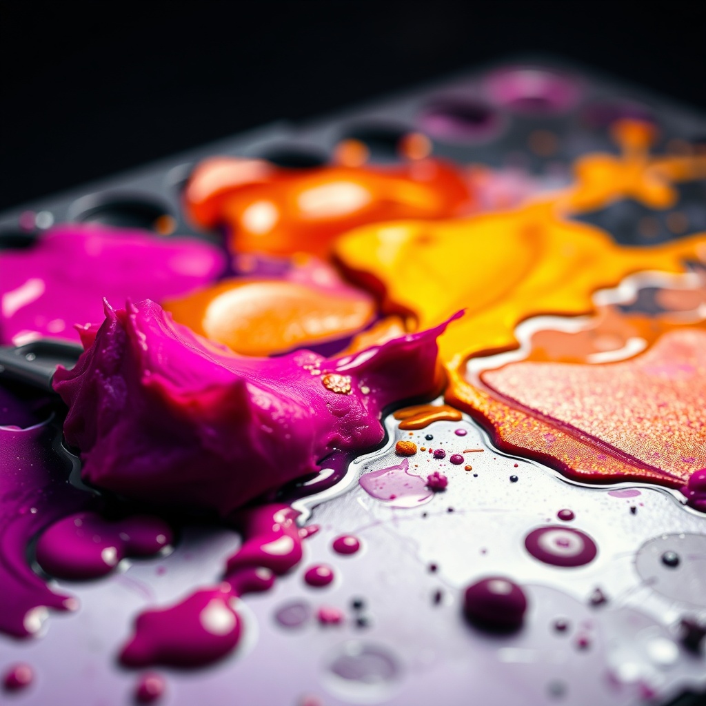 Paint mixing on a palette with vivid pigments