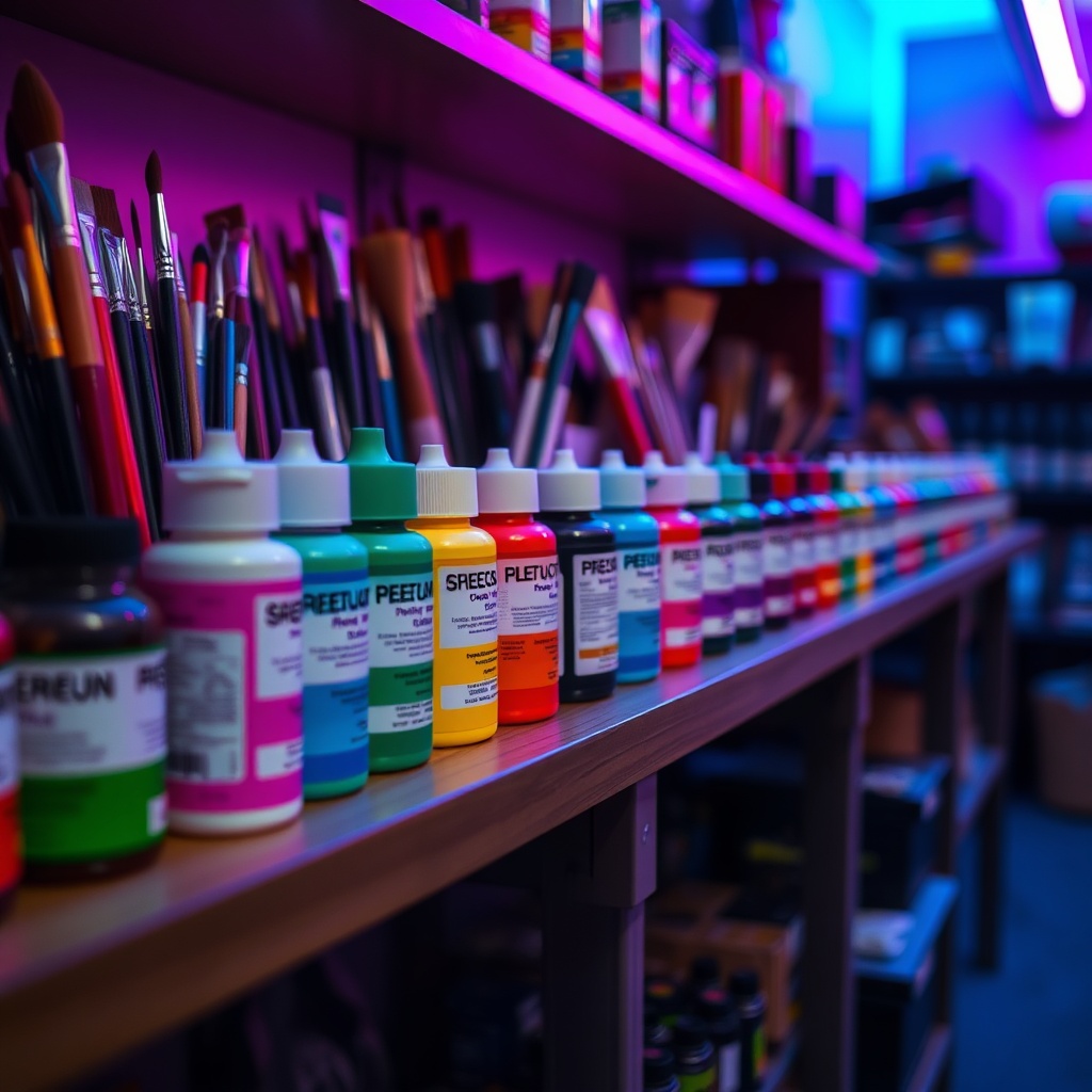 Organized paint tubes and brushes on a studio shelf